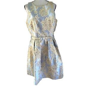 Eliza J Baby Blue Fit and Flare Dress Yellow & Gold Floral Belt Pockets Sz 14 **